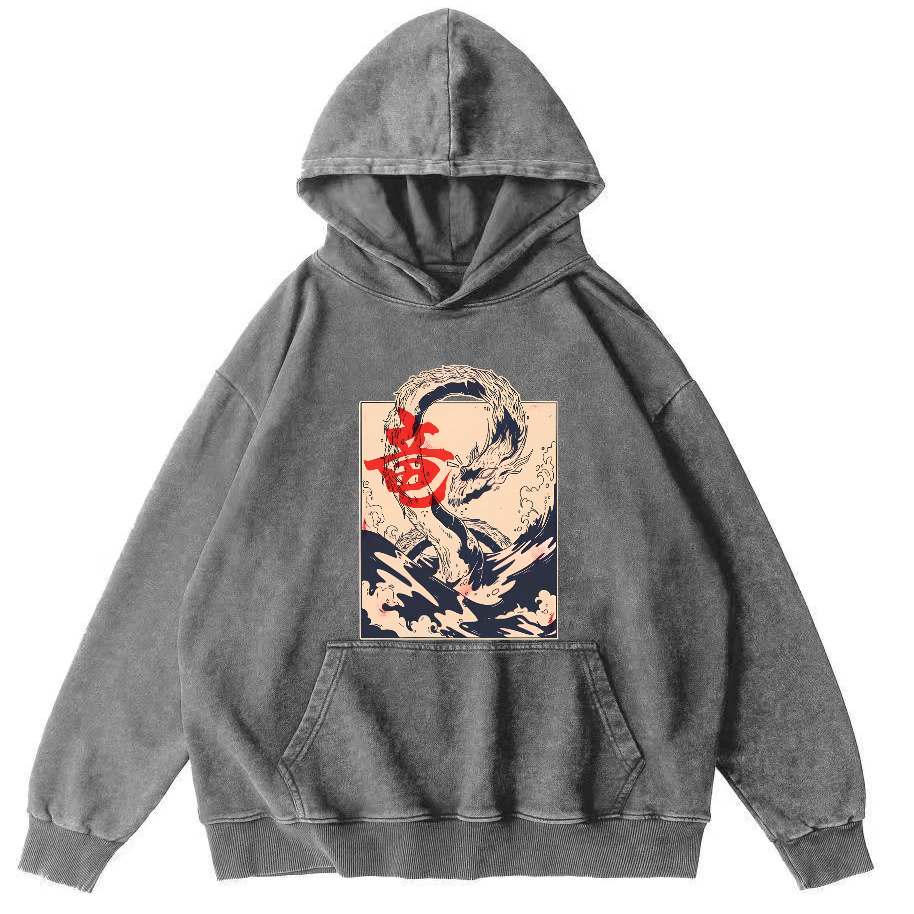 Kobe Water Dragon Japanese Style Vintage Distressed Hoodie-Zazasy