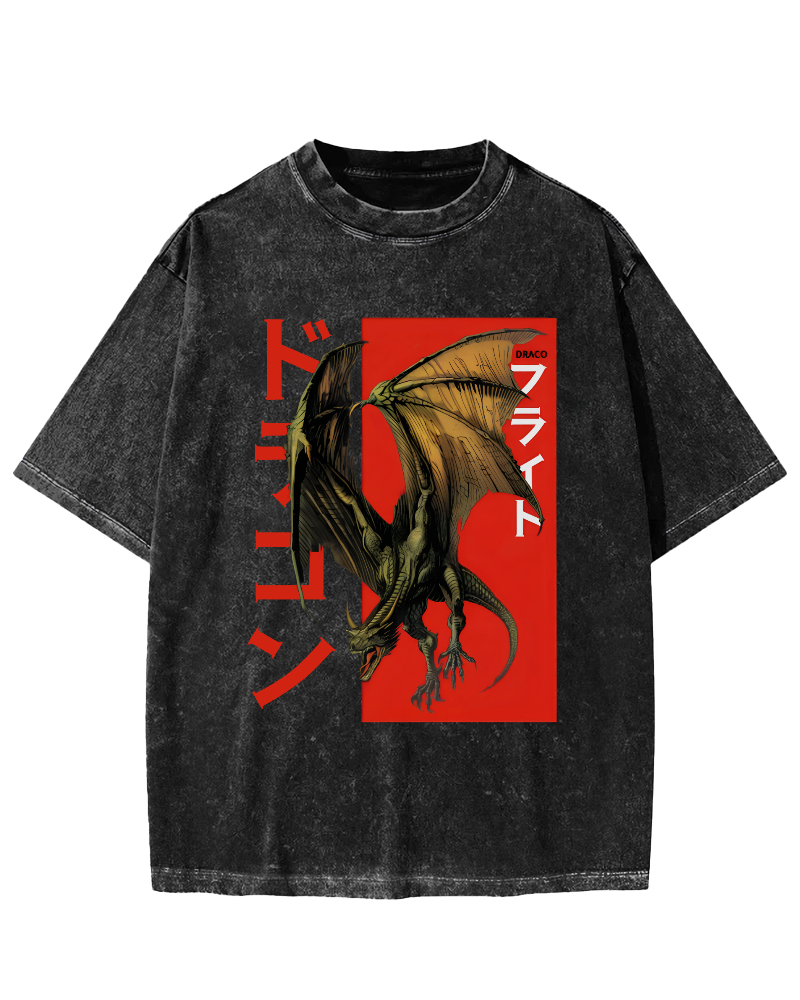 Pterosaur Monster Japanese Style Vintage Washed T-shirt-Zazasy