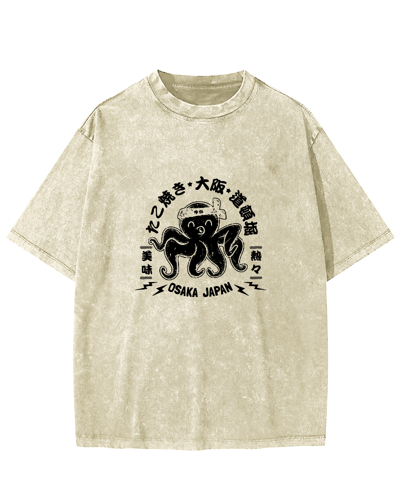 Japanese Script Octopus Pattern Vintage Distressed T-shirt-Zazasy