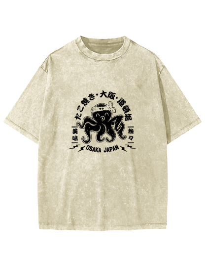 Japanese Script Octopus Pattern Vintage Distressed T-shirt-Zazasy