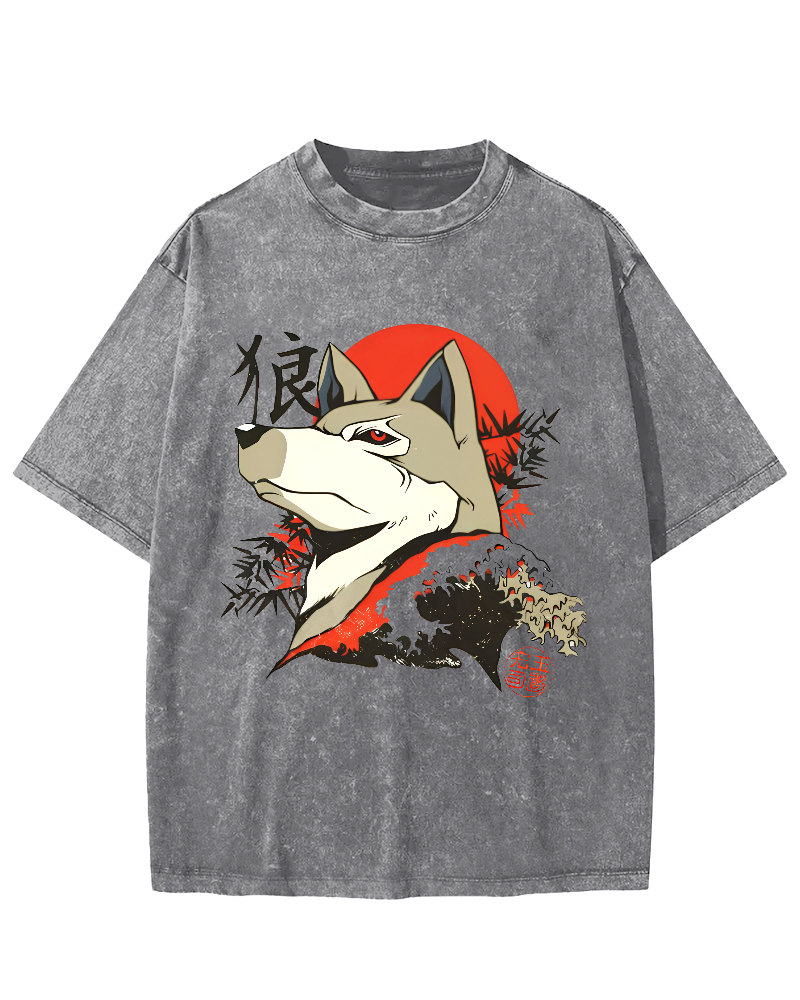 Cartoon Wolf Pattern Japanese Style Vintage Distressed T-shirt-Zazasy