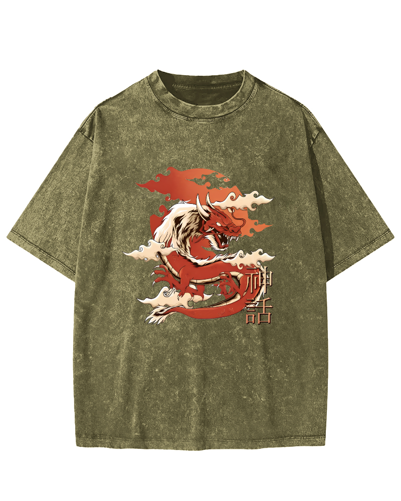 Japanese Dragon Pattern Vintage Distressed T-shirt-Zazasy