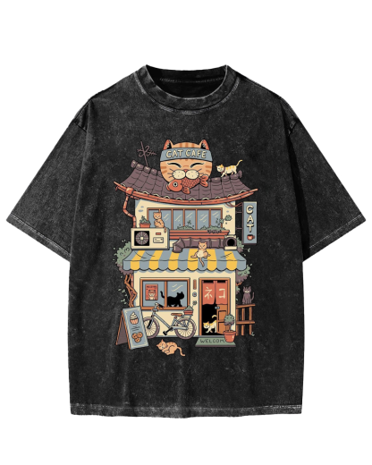 Japanese Cat Cafe Vintage Washed T-shirt