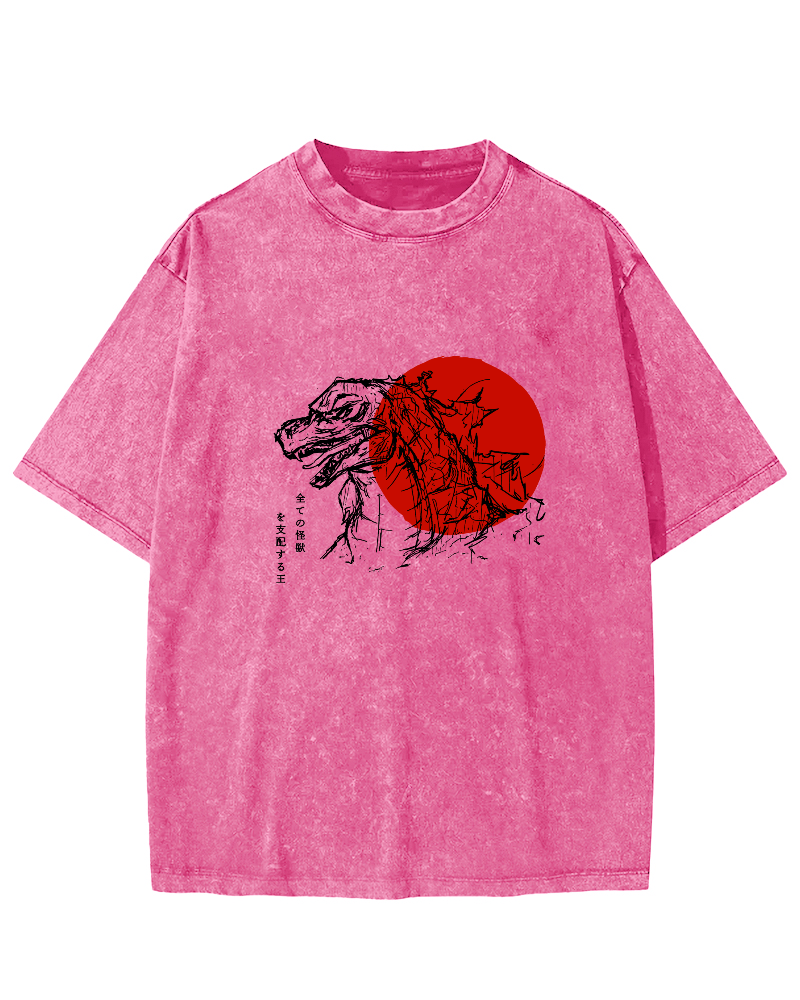 Sunrise Monster Pattern Japanese Style Vintage Distressed T-shirt-Zazasy