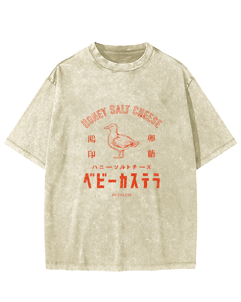 Japanese Retro Duck Pattern Vintage Distressed T-shirt-Zazasy