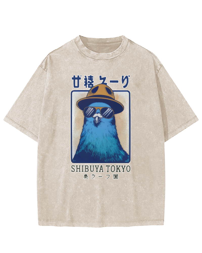 Shibuya Pigeon Retro Vintage Washed T-shirt