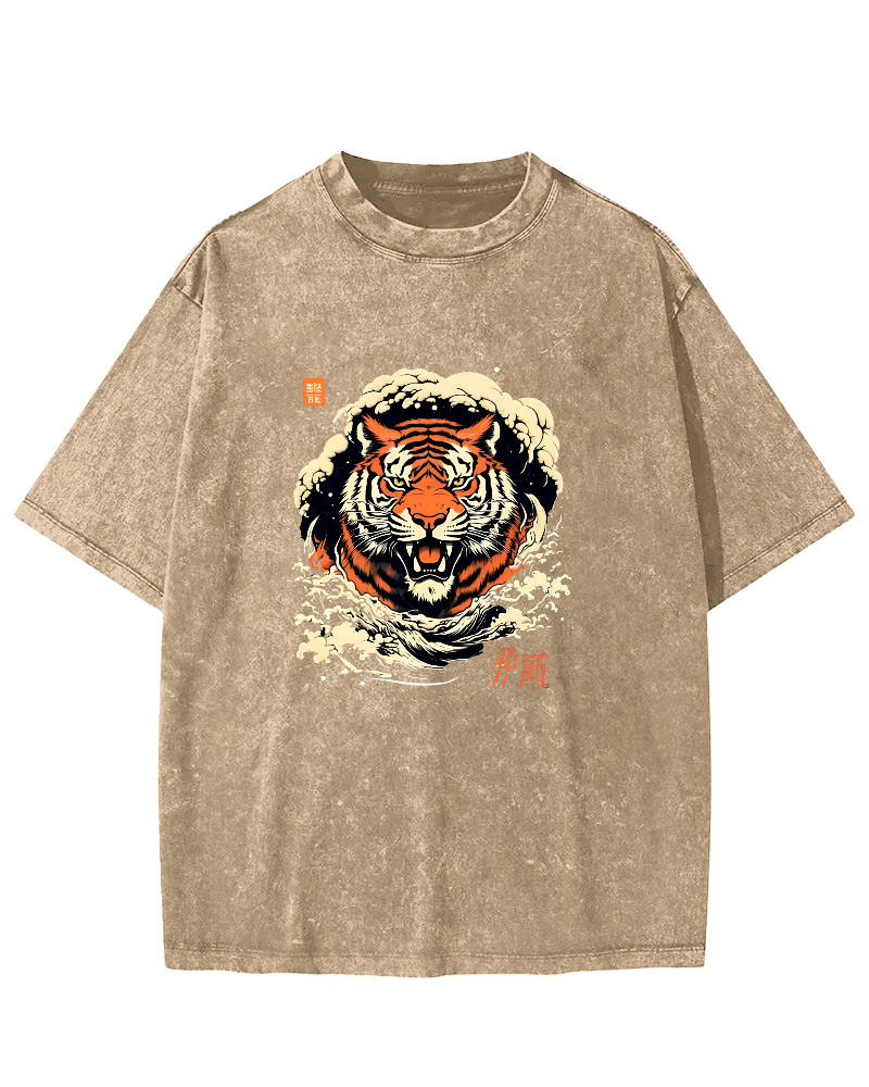 Japanese Tiger Head Pattern Vintage Distressed T-shirt-Zazasy
