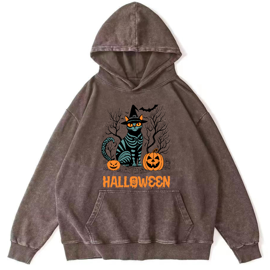 Halloween Cat Vintage Washed Hoodie-Zazasy