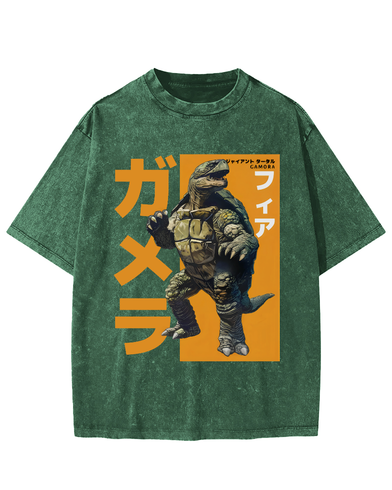 Crocodile Turtle Japanese Style Vintage Washed T-shirt-Zazasy