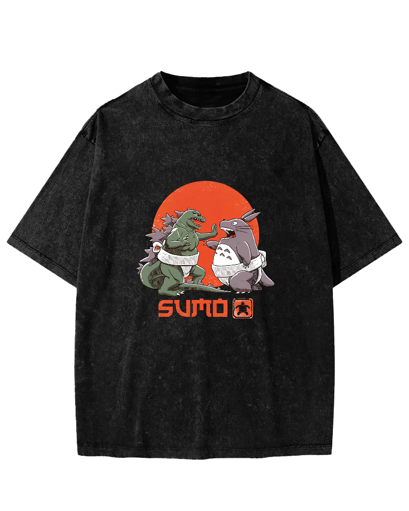 Japanese Style Cartoon Monster Pattern Vintage Distressed T-shirt-Zazasy