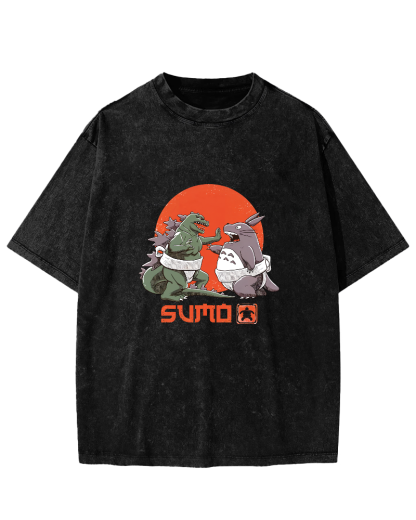 Japanese Style Cartoon Monster Pattern Vintage Distressed T-shirt-Zazasy