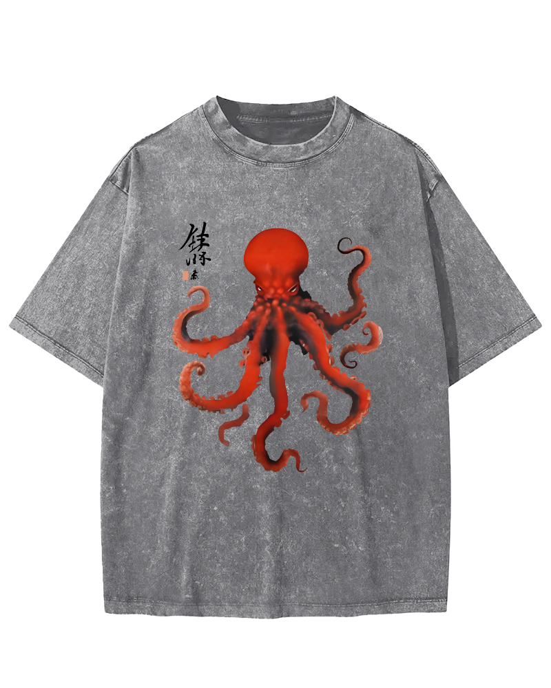Japanese Octopus Vintage Washed T-shirt-Zazasy