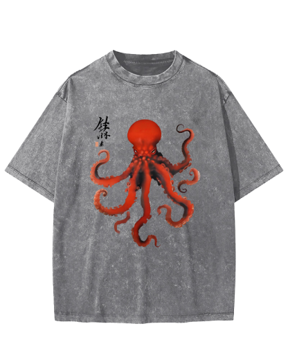 Japanese Octopus Vintage Washed T-shirt-Zazasy