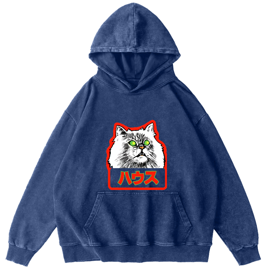 Residential White Cat Japanese Washed Hoodie-Zazasy