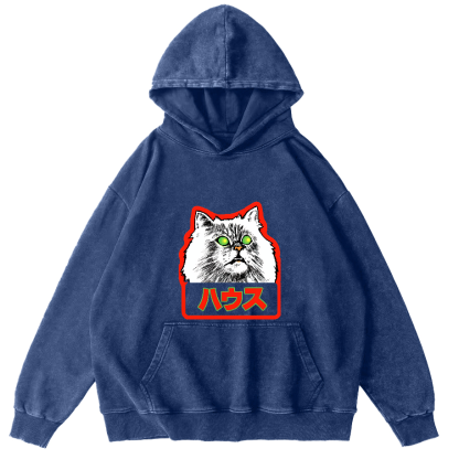 Residential White Cat Japanese Washed Hoodie-Zazasy