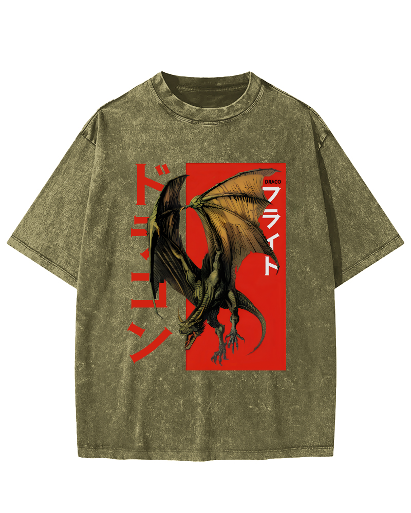 Pterosaur Monster Japanese Style Vintage Washed T-shirt-Zazasy