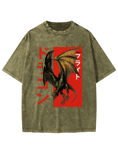 Pterosaur Monster Japanese Style Vintage Washed T-shirt-Zazasy