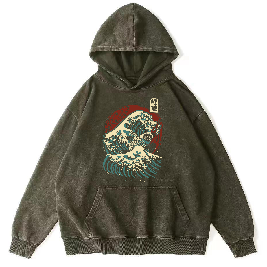 Koi in the Waves, Japanese Style Vintage Washed Hoodie-Zazasy