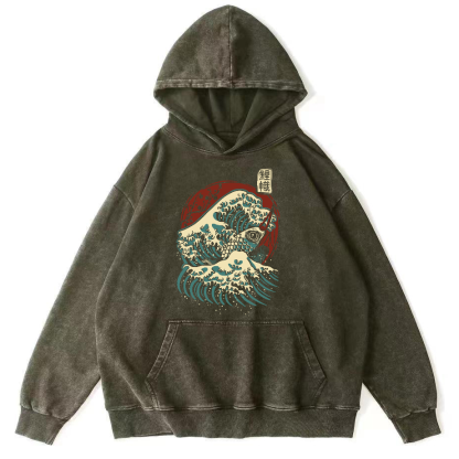 Koi in the Waves, Japanese Style Vintage Washed Hoodie-Zazasy