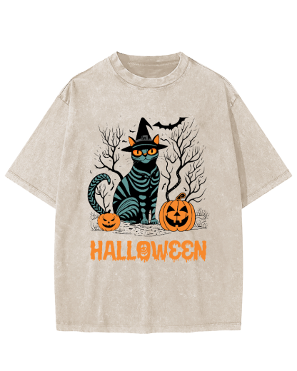 Halloween Cat Vintage Washed T-shirt-Zazasy