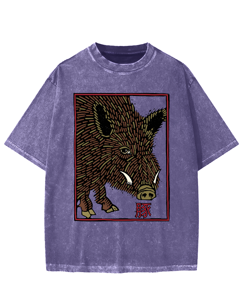 Woodcut Pig Vintage Washed T-shirt