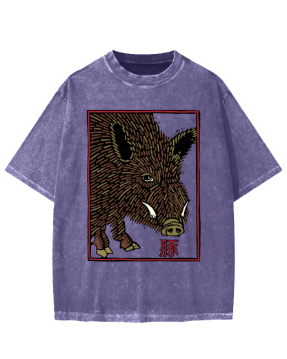 Woodcut Pig Vintage Washed T-shirt
