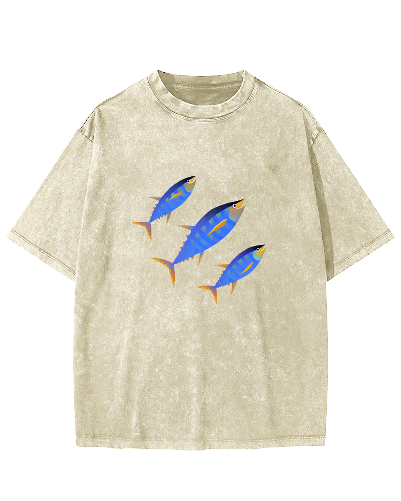 Abstract Tuna Pattern Vintage Distressed T-shirt-Zazasy