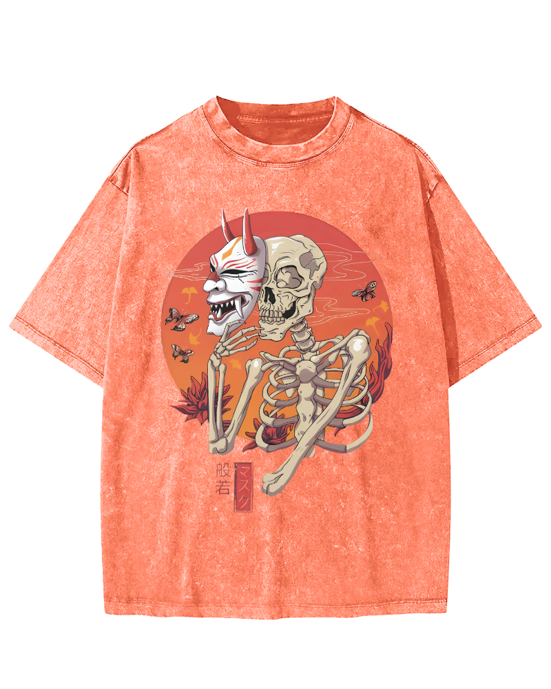 Mask Skeleton Japanese Vintage Distressed T-shirt-Zazasy