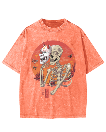 Mask Skeleton Japanese Vintage Distressed T-shirt-Zazasy