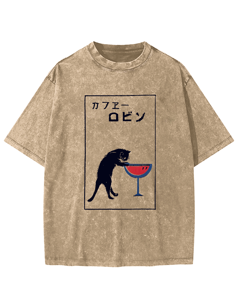 Japanese Script Red wine cat Vintage Distressed T-shirt-Zazasy