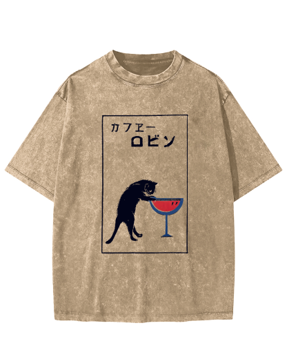Japanese Script Red wine cat Vintage Distressed T-shirt-Zazasy