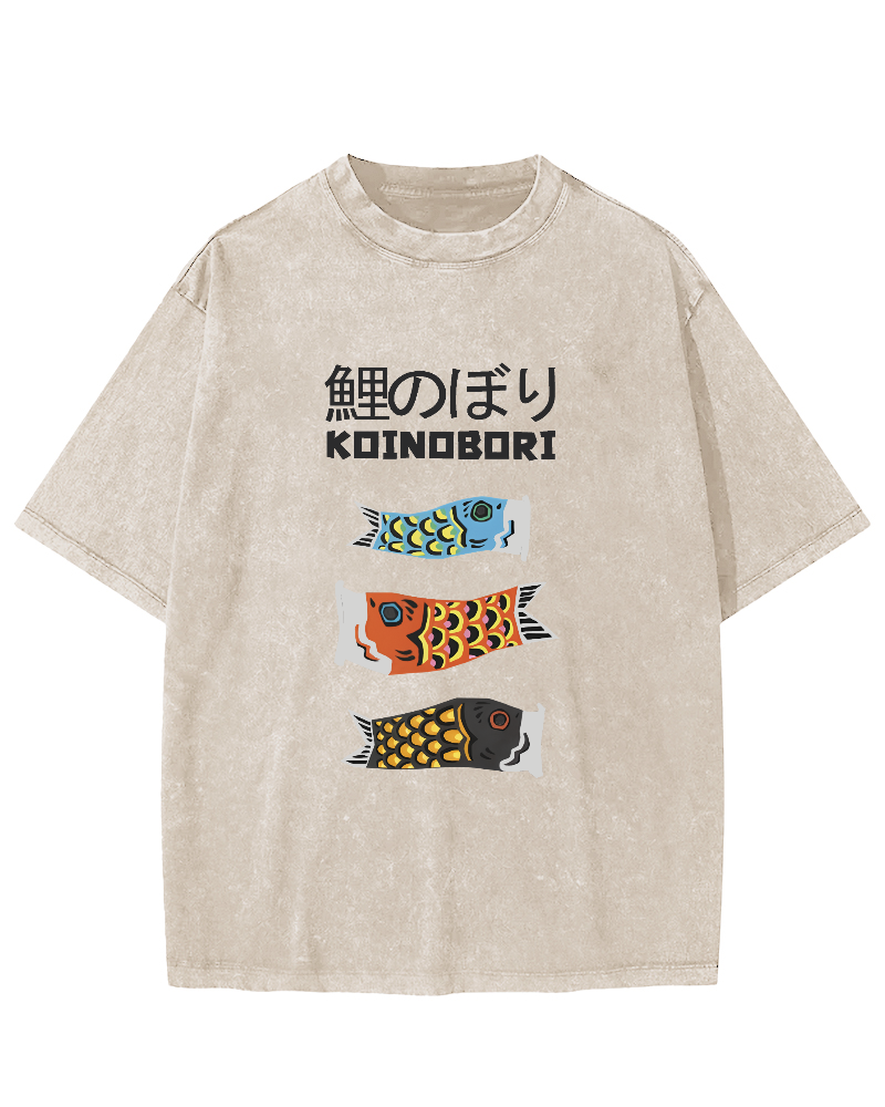 Cartoon Fish Painting Pattern Japanese Style Vintage Distressed T-shirt-Zazasy