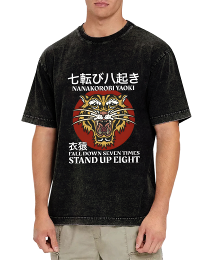 Japanese Tiger Head Pattern Vintage Distressed T-shirt-Zazasy