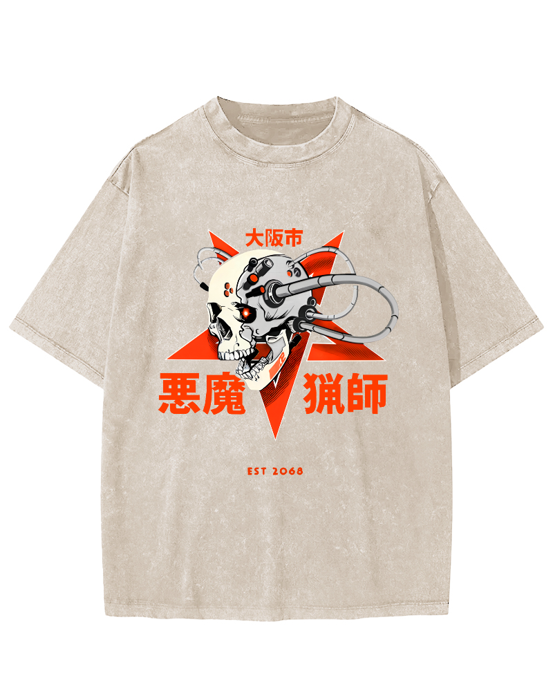 Japanese Style Demon Skull Pattern Vintage Distressed T-shirt-Zazasy