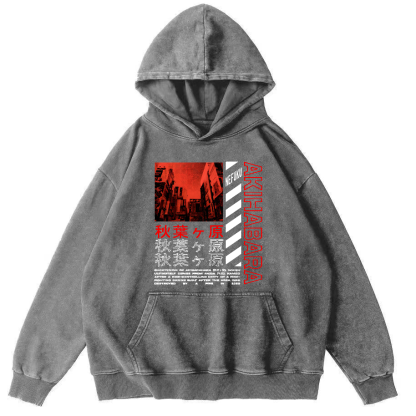 Akihabara Text Vintage Washed Hoodie-Zazasy
