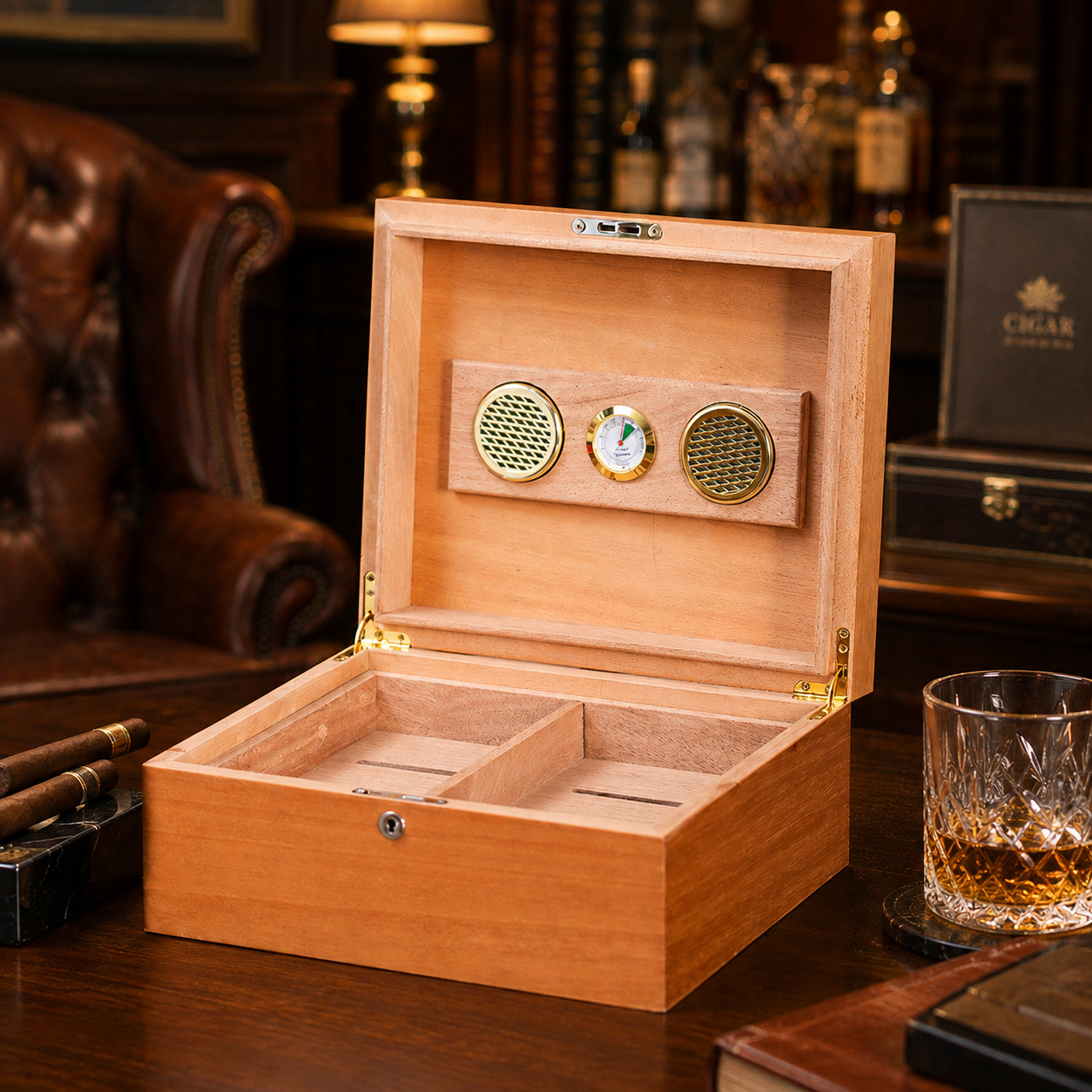 Open wooden cigar humidor with hygrometer and divided storage interior