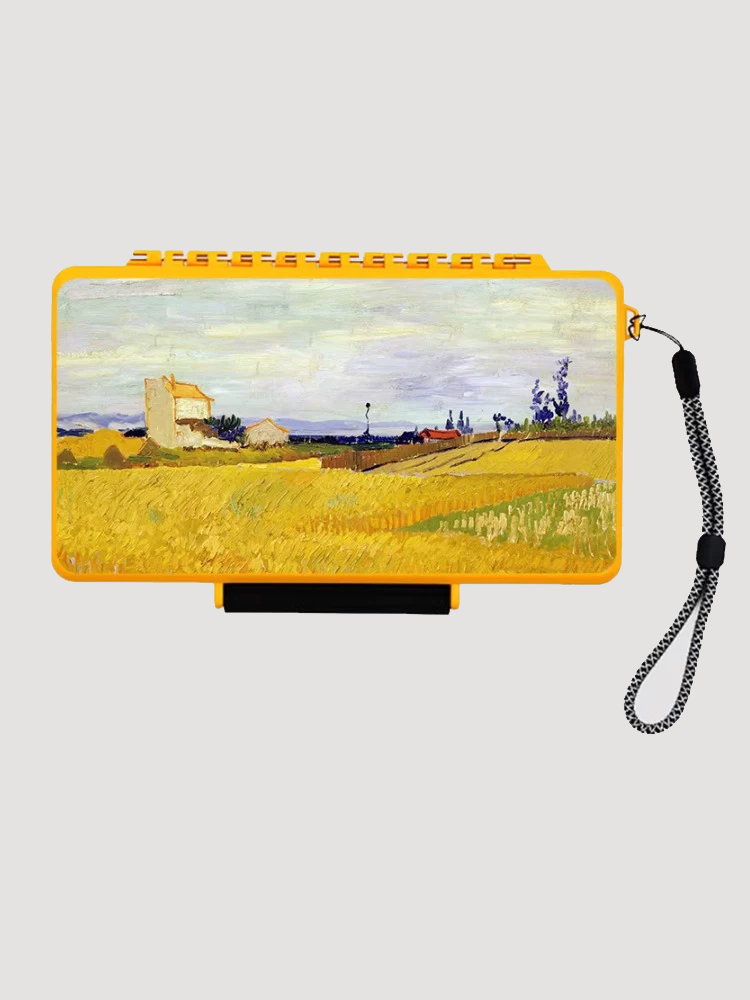 Custom yellow 5-cigar travel case printed with a pastoral landscape