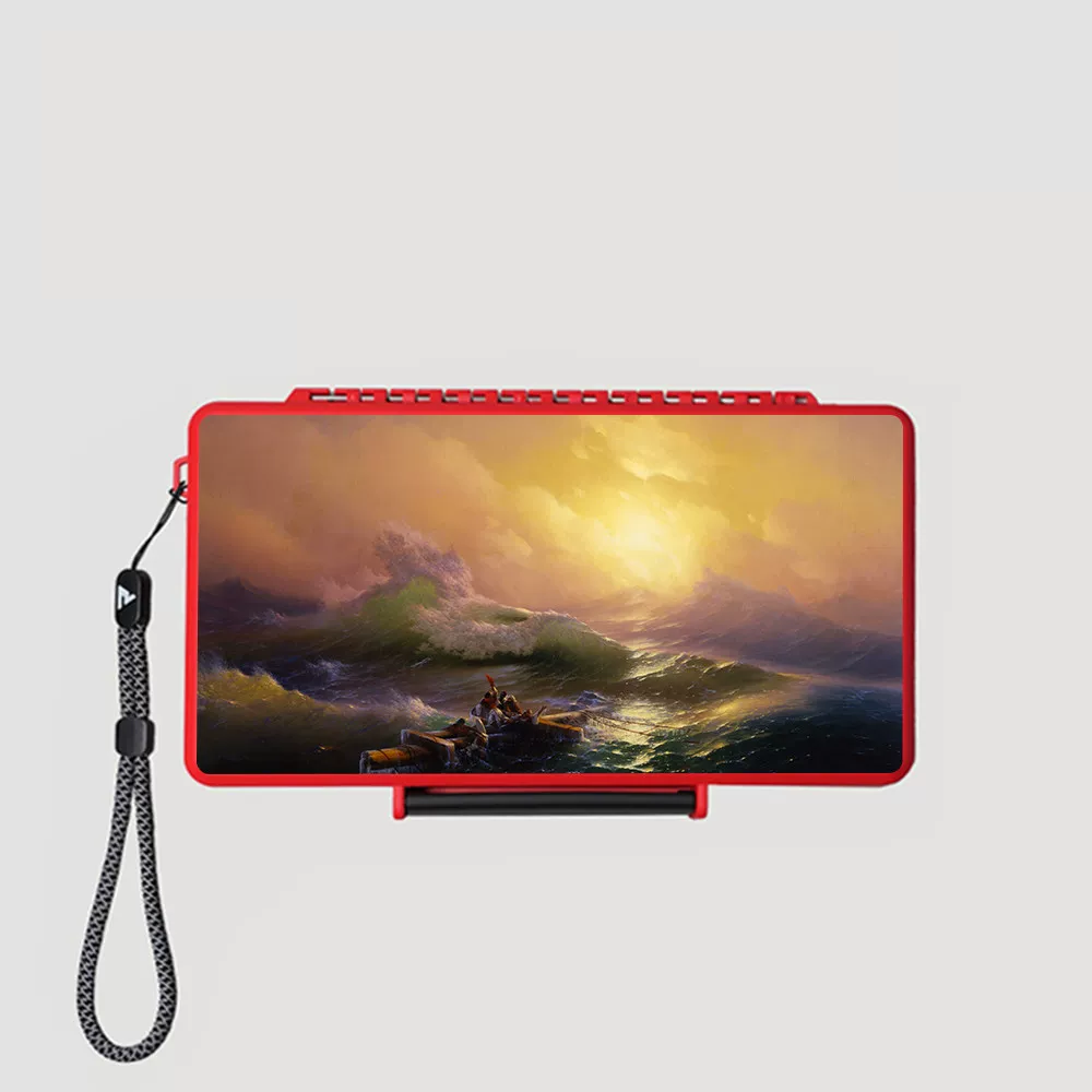 Custom red 5-cigar travel case printed with an ocean wave artwork