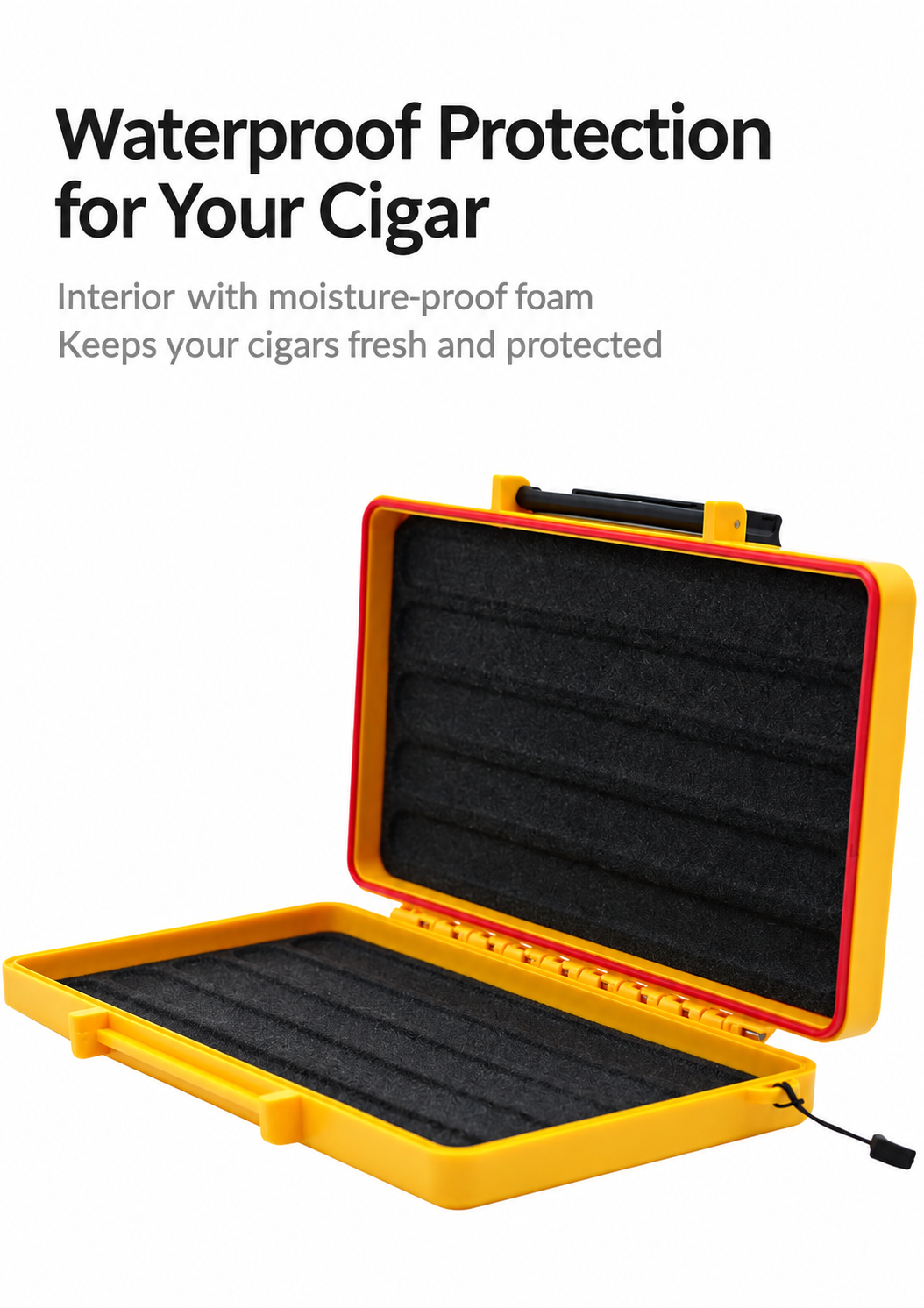 Open yellow 5-cigar travel case with a black foam-lined protective interior