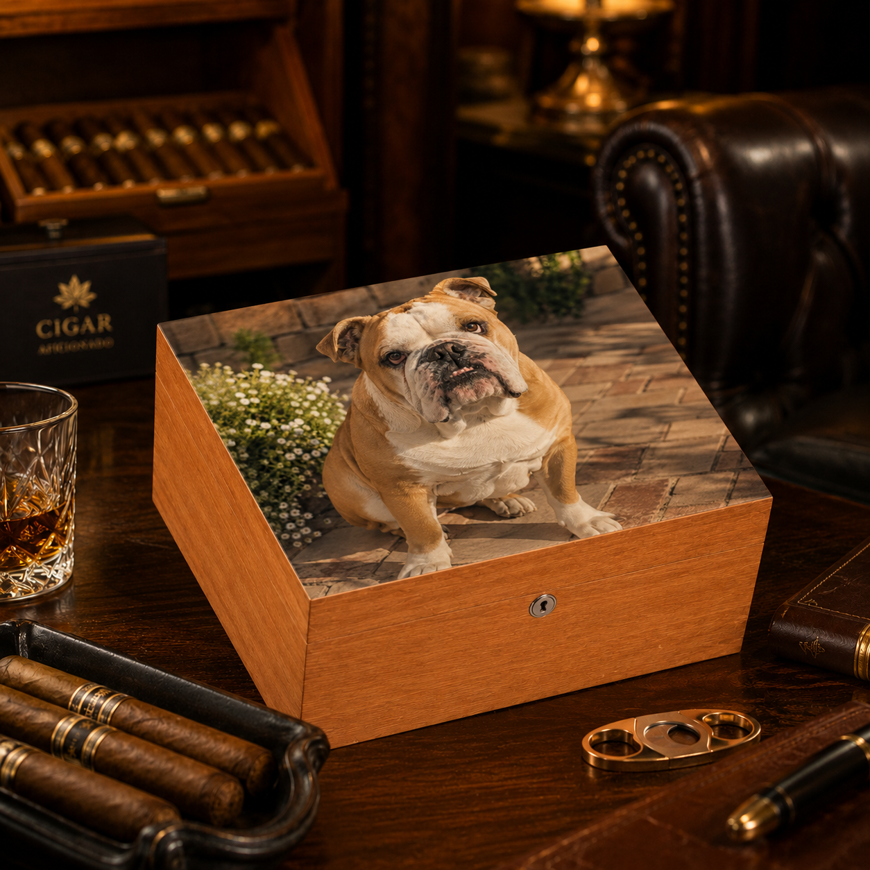 Closed personalized photo humidor with bulldog image and cigar accessories