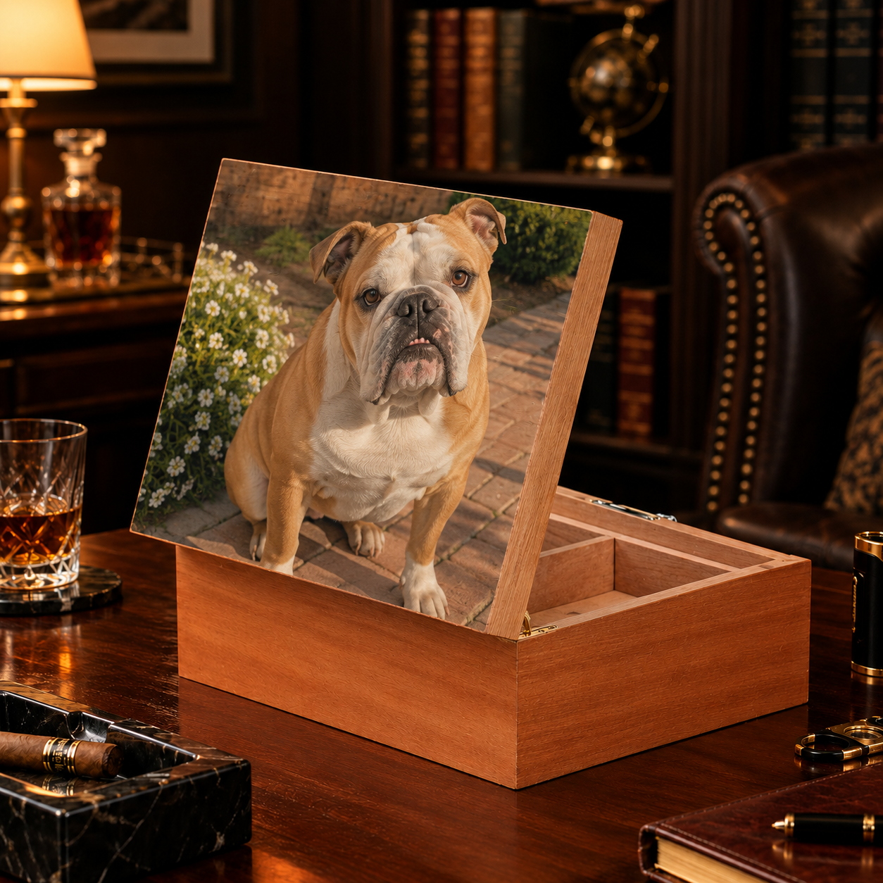 Open personalized photo cigar humidor featuring a custom bulldog portrait