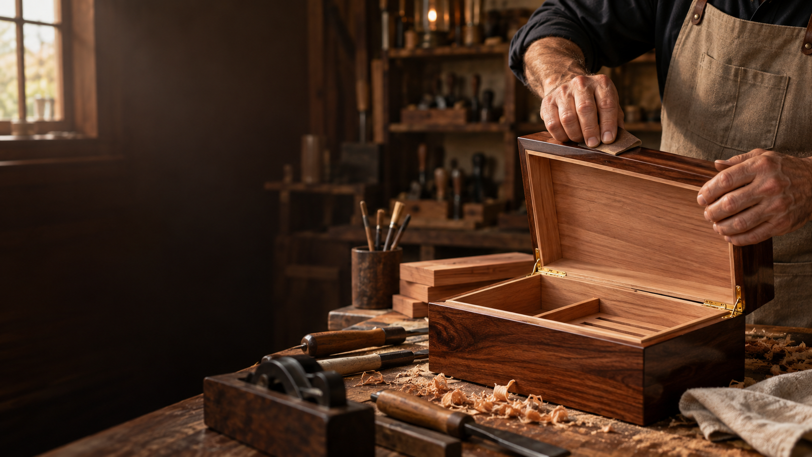 Craftsman hand-finishing a wooden cigar humidor