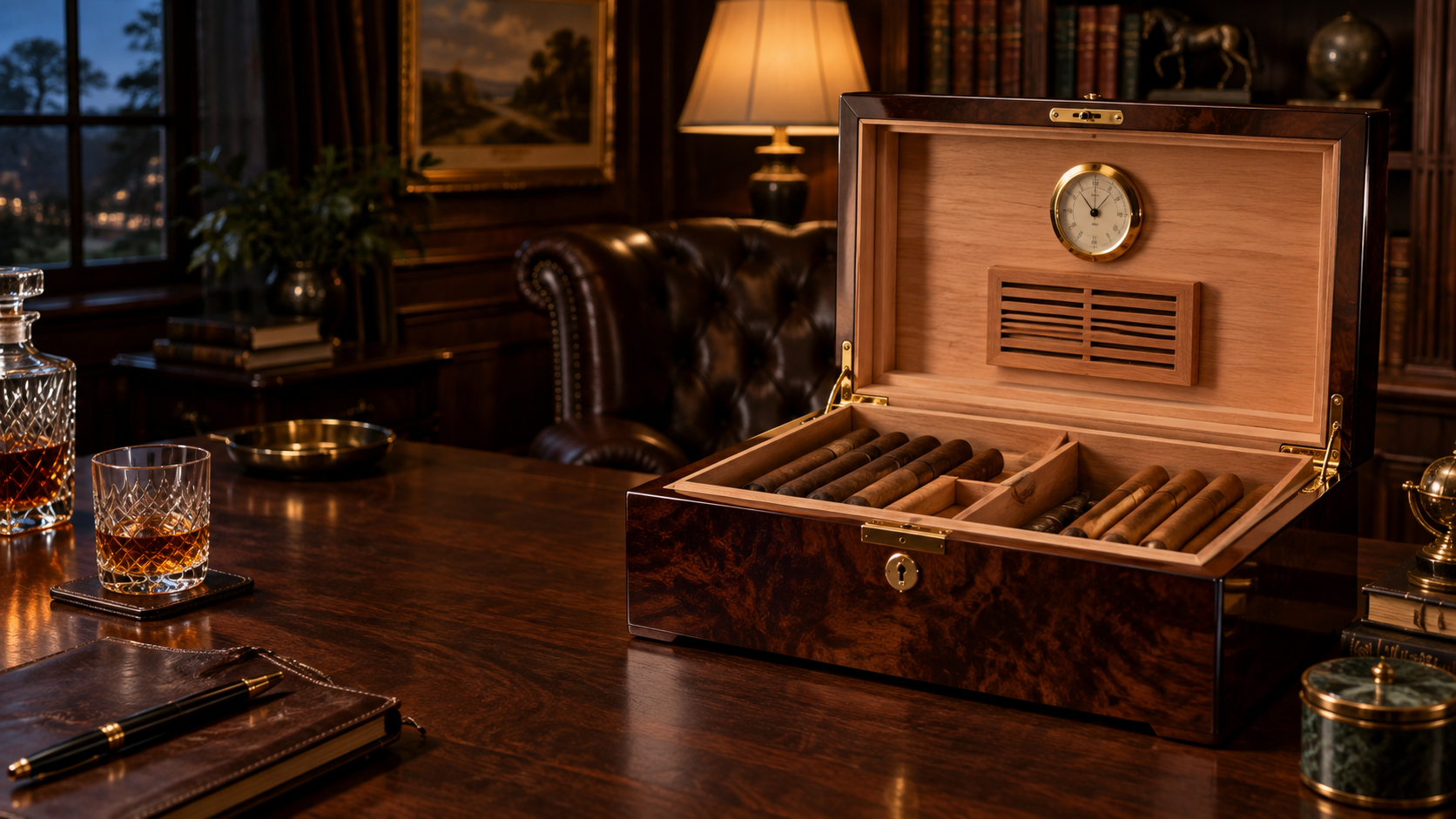 Premium desktop cigar humidor in a traditional study