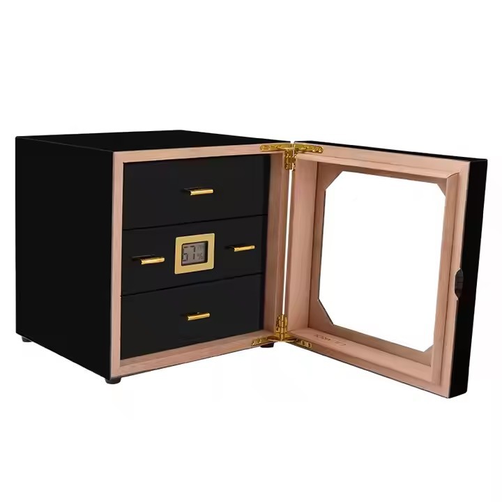 Glass-door cigar cabinet showing three drawers and digital display