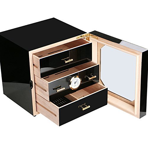 Black piano-finish humidor cabinet with glass door open and drawers extended