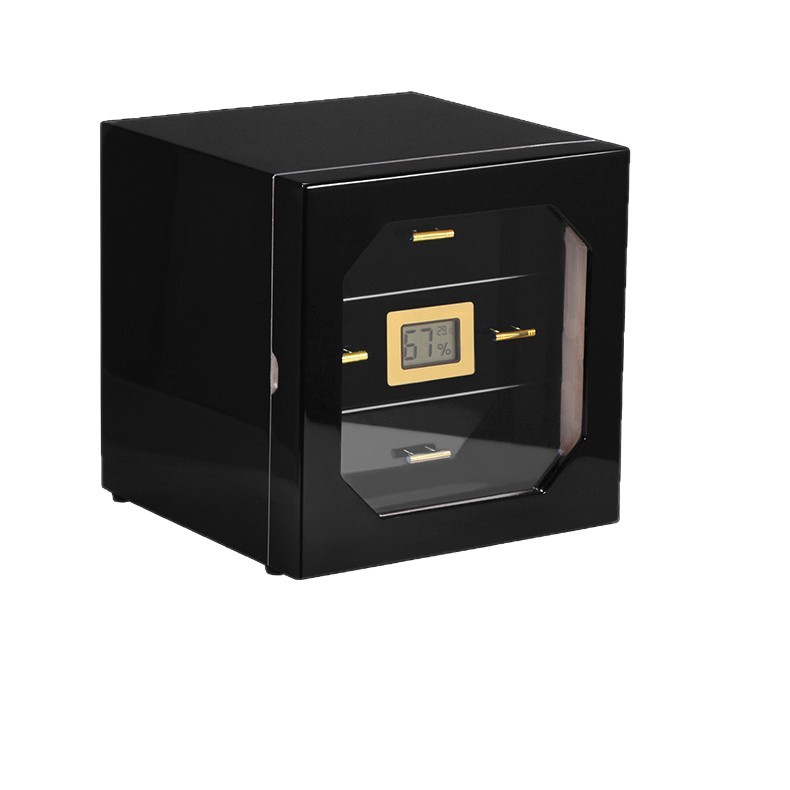 Closed black glass-door humidor cabinet with digital humidity display
