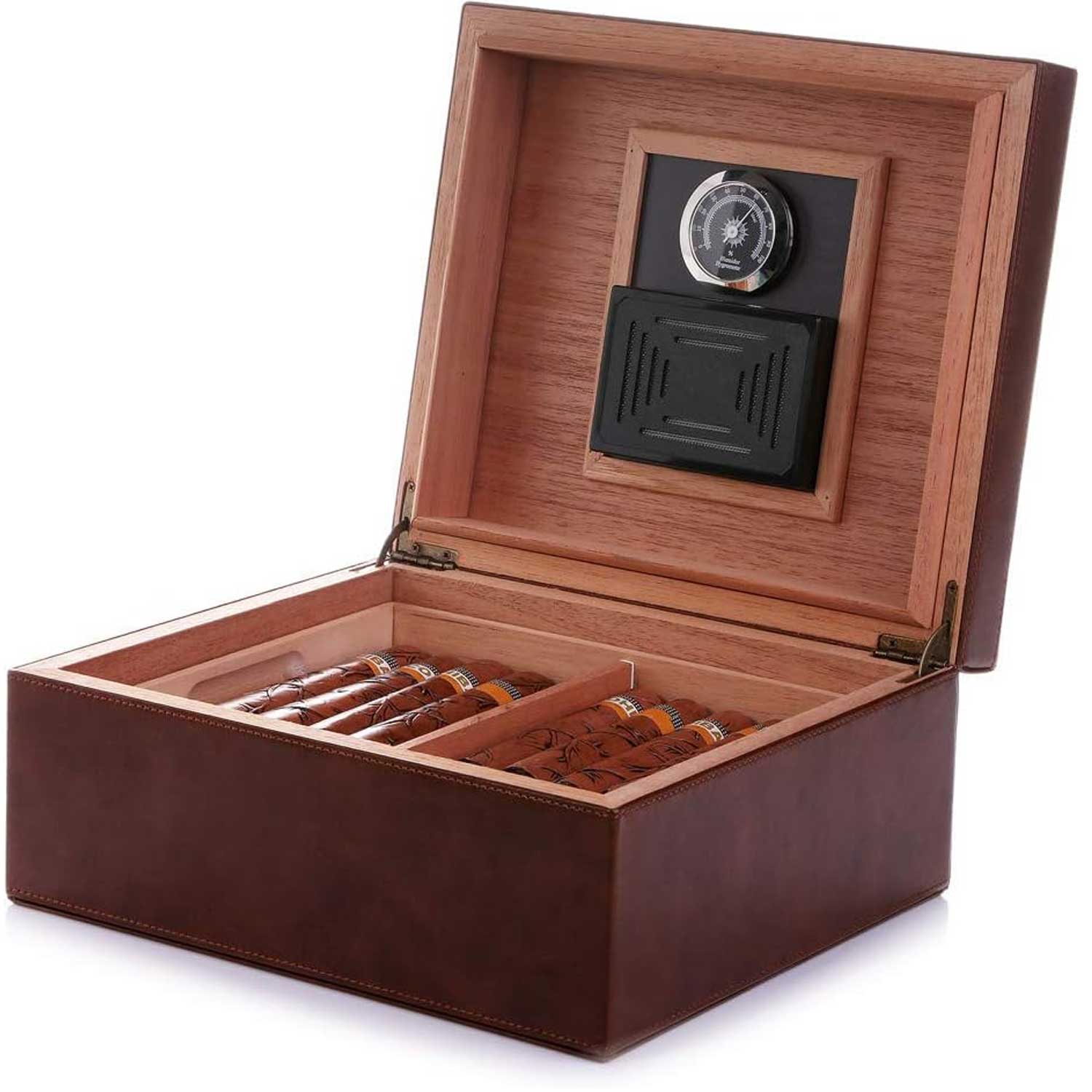 Cedar & Leather Cigar Storage Box Well Seal Design with Tray and Adjustable Divider-Benjamin