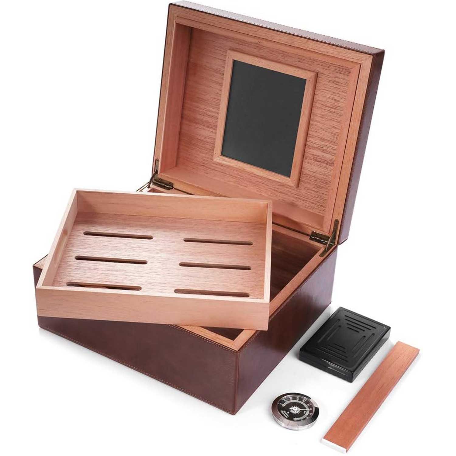 Cedar & Leather Cigar Storage Box Well Seal Design with Tray and Adjustable Divider-Benjamin