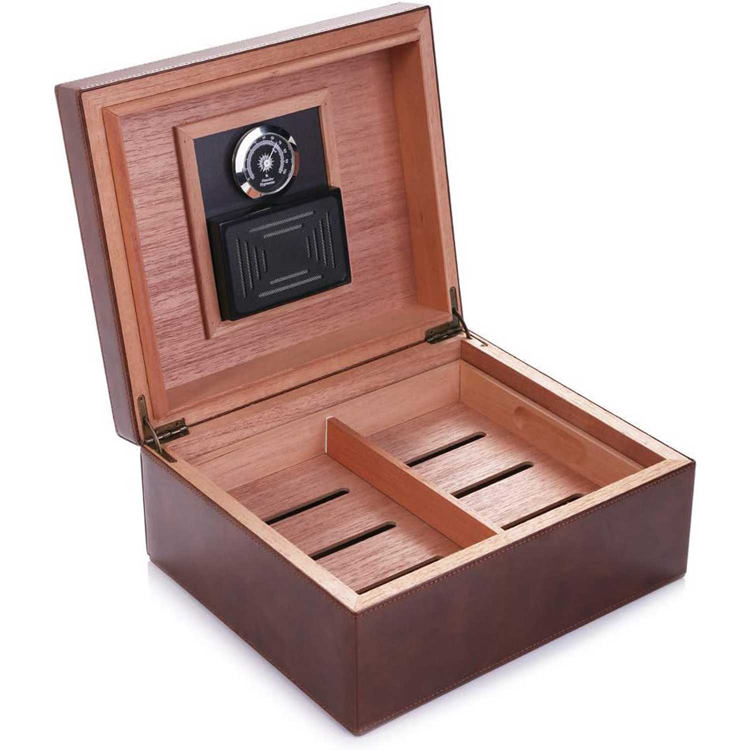 Cedar & Leather Cigar Storage Box Well Seal Design with Tray and Adjustable Divider-Benjamin
