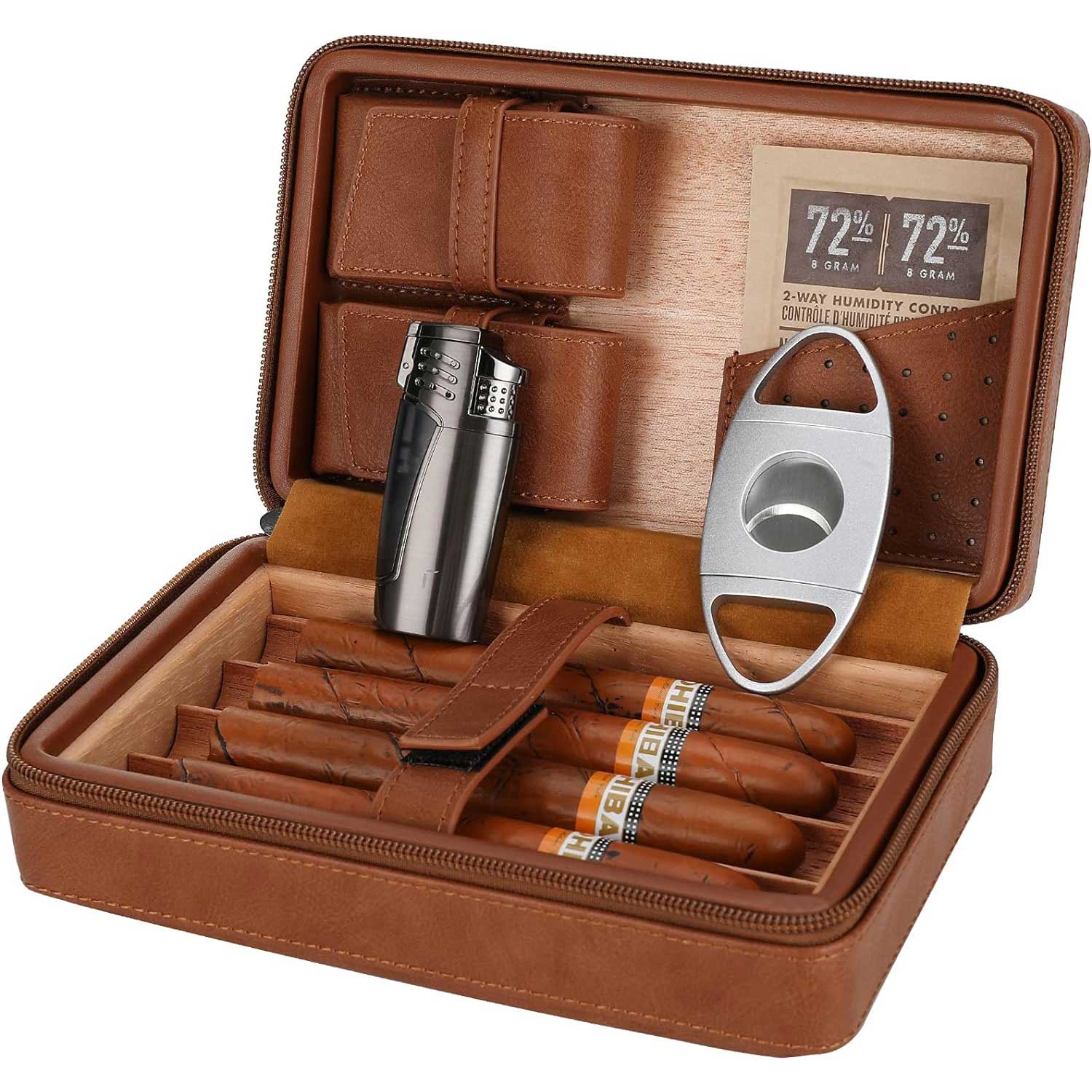 Cedar Wood Leather Cigar Case with Cigar Accessories Gift Set-Benjamin